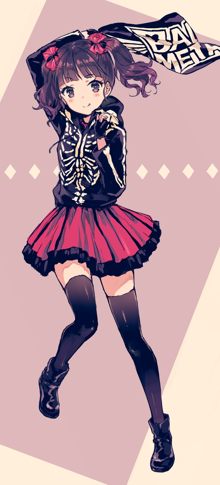 1girl, arm_up, arms_behind_back, babymetal, bangs, black_gloves, black_legwear, blush