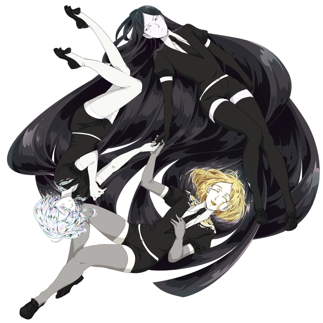 akihiko_(sw4553), androgynous, black_eyes, black_gloves, black_hair, black_legwear, black_neckwear, black_shorts