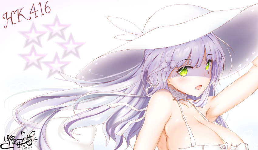 :d, alternate_costume, arm_up, armpits, bangs, bare_arms, bare_shoulders, blunt_bangs, blush, breasts, character_name, cleavage, collarbone, dated, dress, eyebrows_visible_through_hair, facial_mark, flower, frills, girls_frontline, gradient, gradient_background, green_eyes, hair_flower, hair_ornament, hat, highres, hk416_(girls_frontline), large_breasts, long_hair, neck_garter, open_mouth, pink_background, sha_dan_miao, signature, silhouette, sleeveless, sleeveless_dress, smile, star, starry_background, sun_hat, tsurime, upper_body, white_dress