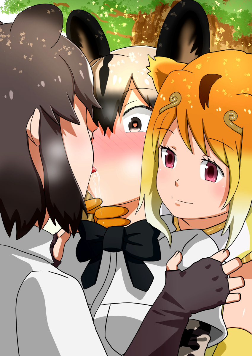 3girls, absurdres, african_wild_dog_(kemono_friends), african_wild_dog_ears, animal_ears, bear_ears, bear_girl, blush, brown_bear_(kemono_friends), dog_ears, dog_girl, golden_snub-nosed_monkey_(kemono_friends), heart, heart-shaped_pupils, highres, kemono_friends, kiss, monkey_ears, monkey_girl, multicolored_hair, multiple_girls, oekakimannga, saliva, short_hair, symbol-shaped_pupils, tree, yuri