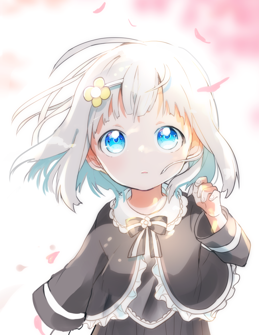 1girl, bangs, black_bow, black_dress, black_shirt, blue_eyes, blush, bow