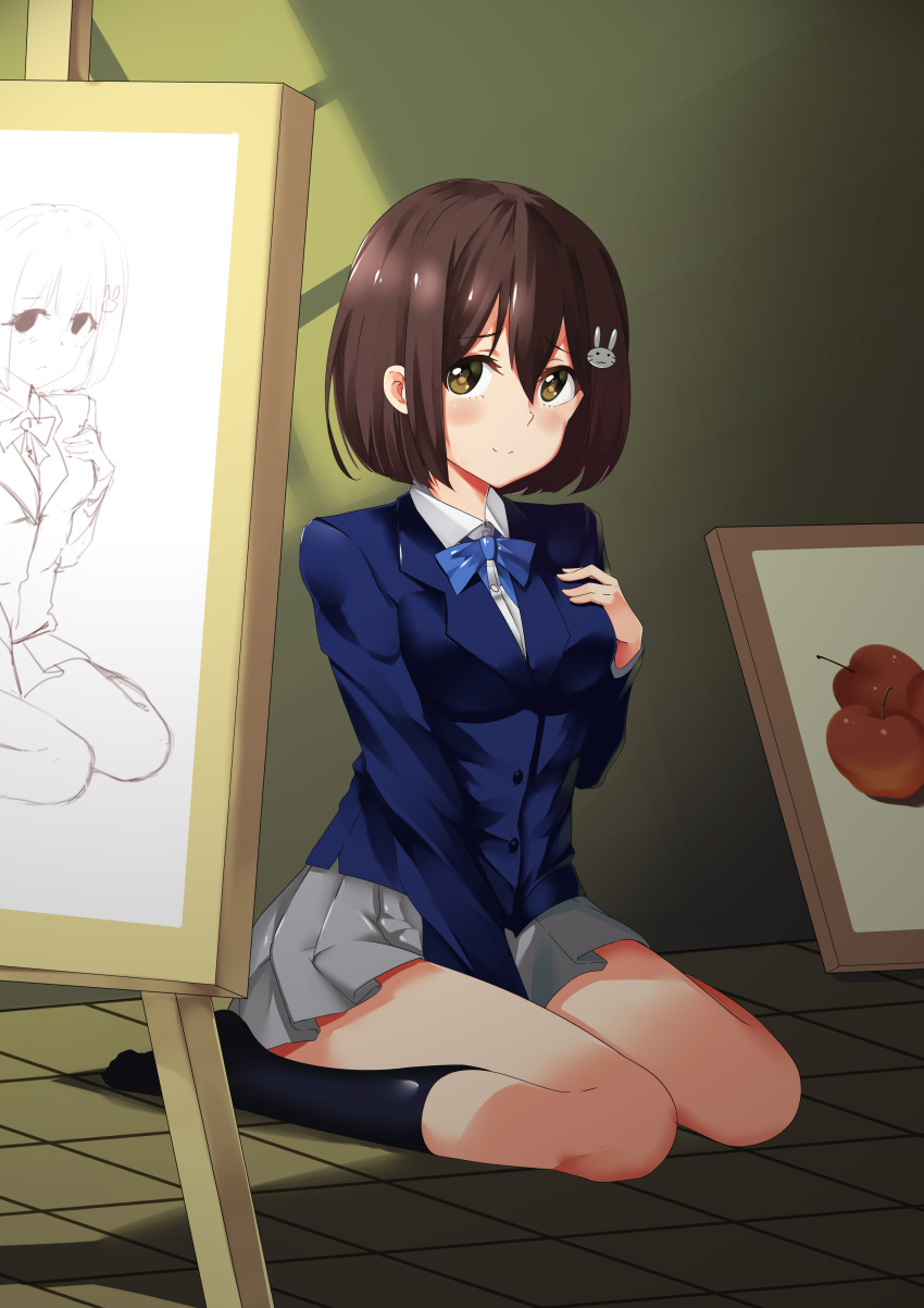 1girl, absurdres, between_legs, black_legwear, blazer, blue_bow, blush, bob_cut