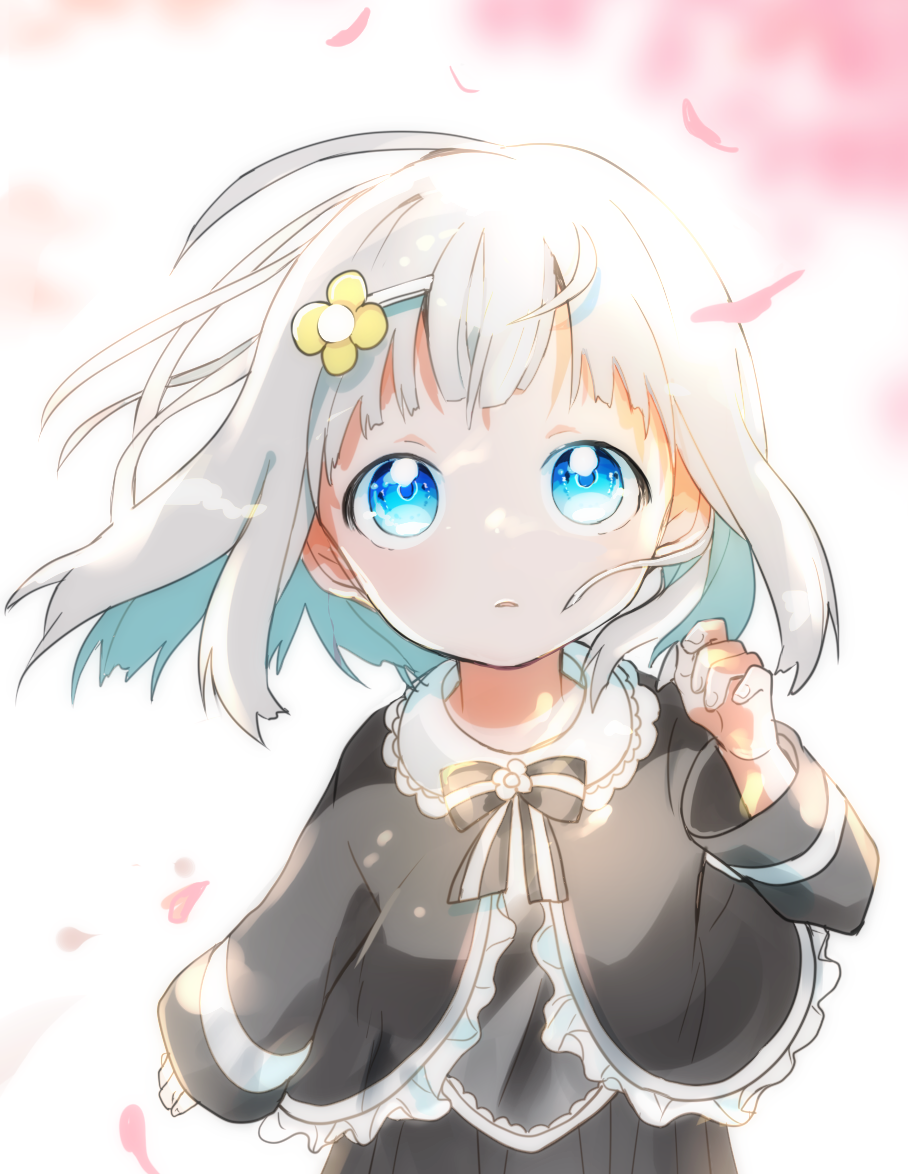 1girl, bangs, black_bow, black_dress, black_shirt, blue_eyes, blush, bow