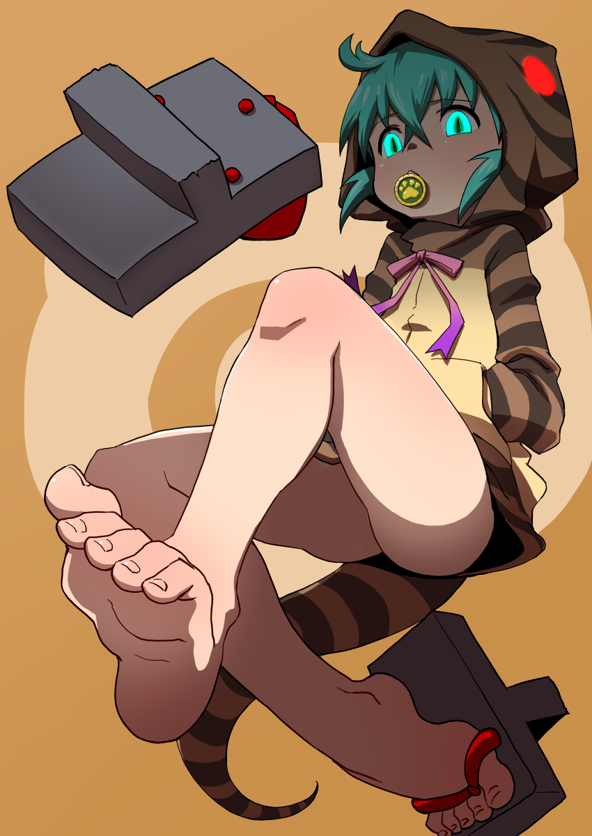 1girl, animal_hood, aqua_hair, ass, bare_legs, barefoot, feet, full_body