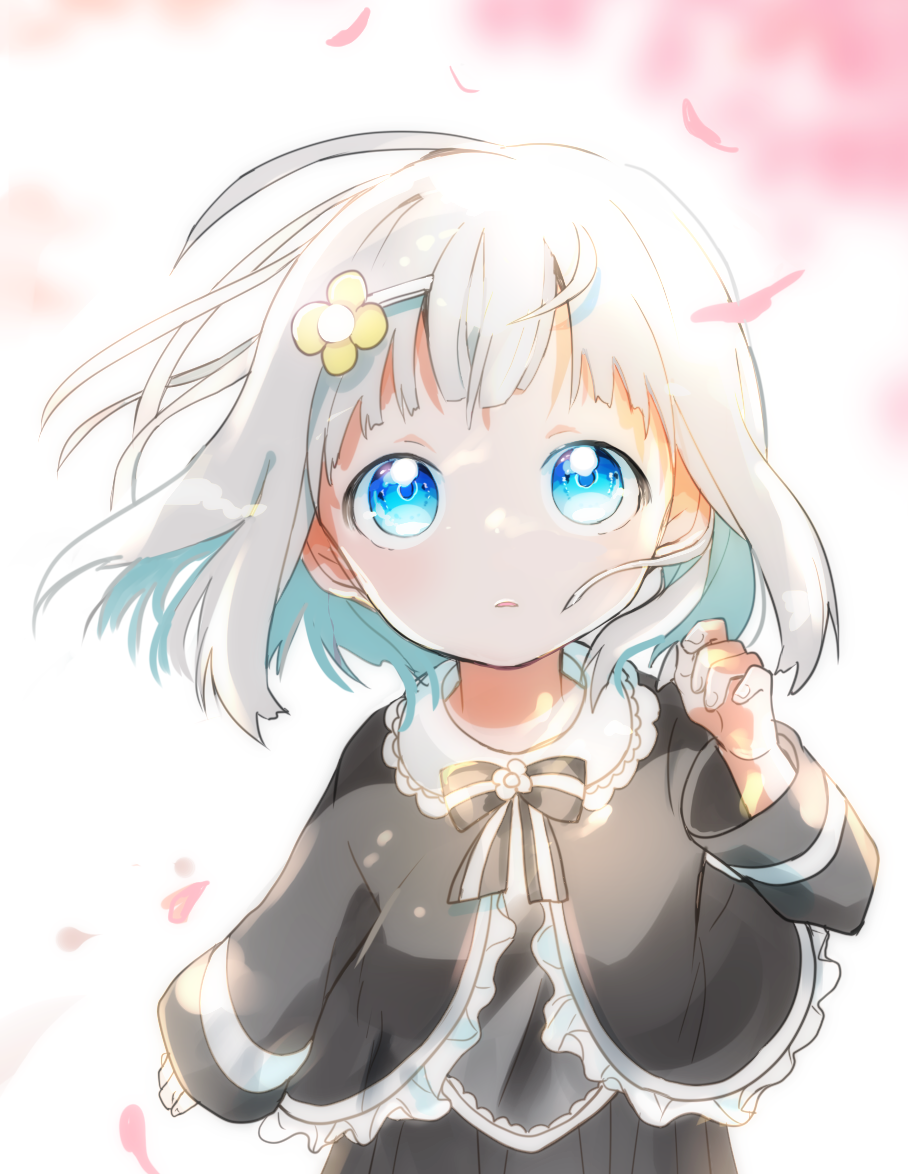 1girl, bangs, black_bow, black_dress, black_shirt, blue_eyes, blush, bow