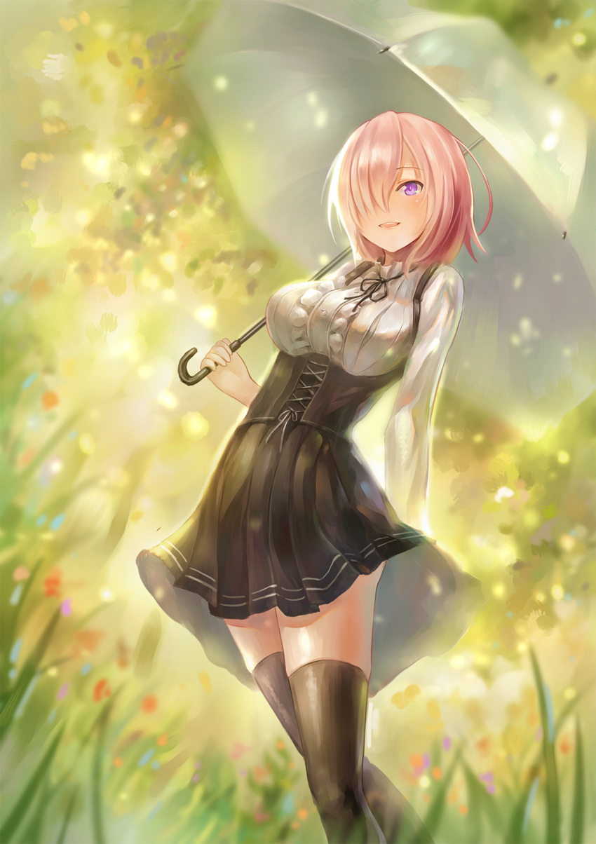 1girl, :d, alternate_costume, arm_behind_head, backlighting, black_legwear, black_skirt, blurry