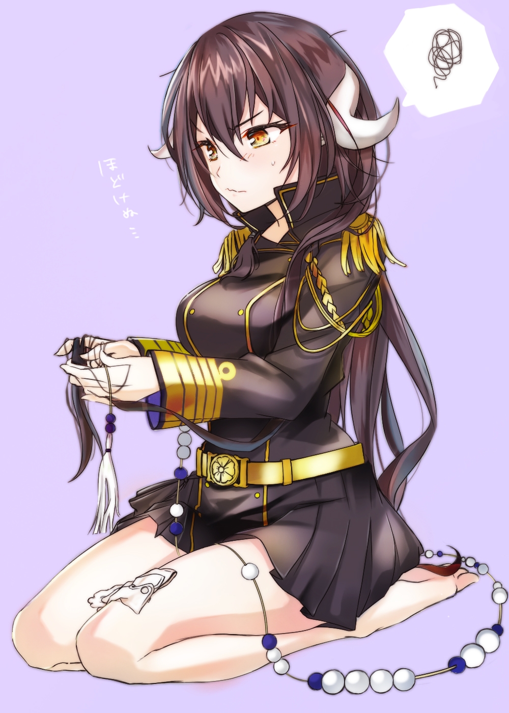 1girl, annoyed, azur_lane, barefoot, beads, belt, black_jacket, black_skirt, brown_hair, closed_mouth, epaulettes, full_body, gloves, gloves_removed, hair_beads, hair_between_eyes, hair_ornament, highres, horns, jacket, kamakura_(abcd-1111-58), long_hair, long_sleeves, mikasa_(azur_lane), military, military_uniform, miniskirt, pleated_skirt, popped_collar, seiza, sitting, skirt, solo, tying_hair, uniform, very_long_hair, wavy_mouth, white_gloves, yellow_eyes