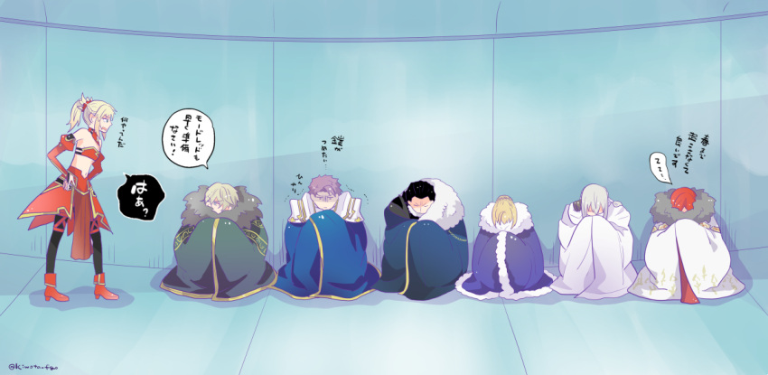2girls, 6+boys, agravain_(fate/grand_order), ahoge, artoria_pendragon_(all), bedivere, black_hair, blonde_hair, braid, cape, closed_eyes, color_drain, fate/apocrypha, fate/grand_order, fate_(series), french_braid, fur_trim, gawain_(fate/extra), hands_on_hips, kiwota, knights_of_the_round_table_(fate), lancelot_(fate/grand_order), multiple_boys, multiple_girls, purple_hair, redhead, saber, saber_of_red, sitting, translation_request, tristan_(fate/grand_order)