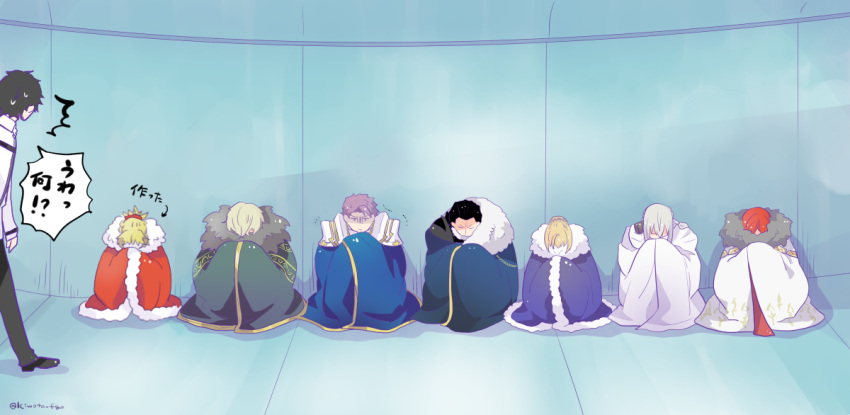2girls, 6+boys, agravain_(fate/grand_order), ahoge, artoria_pendragon_(all), bedivere, black_hair, blonde_hair, braid, cape, closed_eyes, color_drain, fate/apocrypha, fate/grand_order, fate_(series), french_braid, fujimaru_ritsuka_(male), fur_trim, gawain_(fate/extra), kiwota, knights_of_the_round_table_(fate), lancelot_(fate/grand_order), multiple_boys, multiple_girls, purple_hair, redhead, saber, saber_of_red, sitting, tristan_(fate/grand_order), uniform, walking