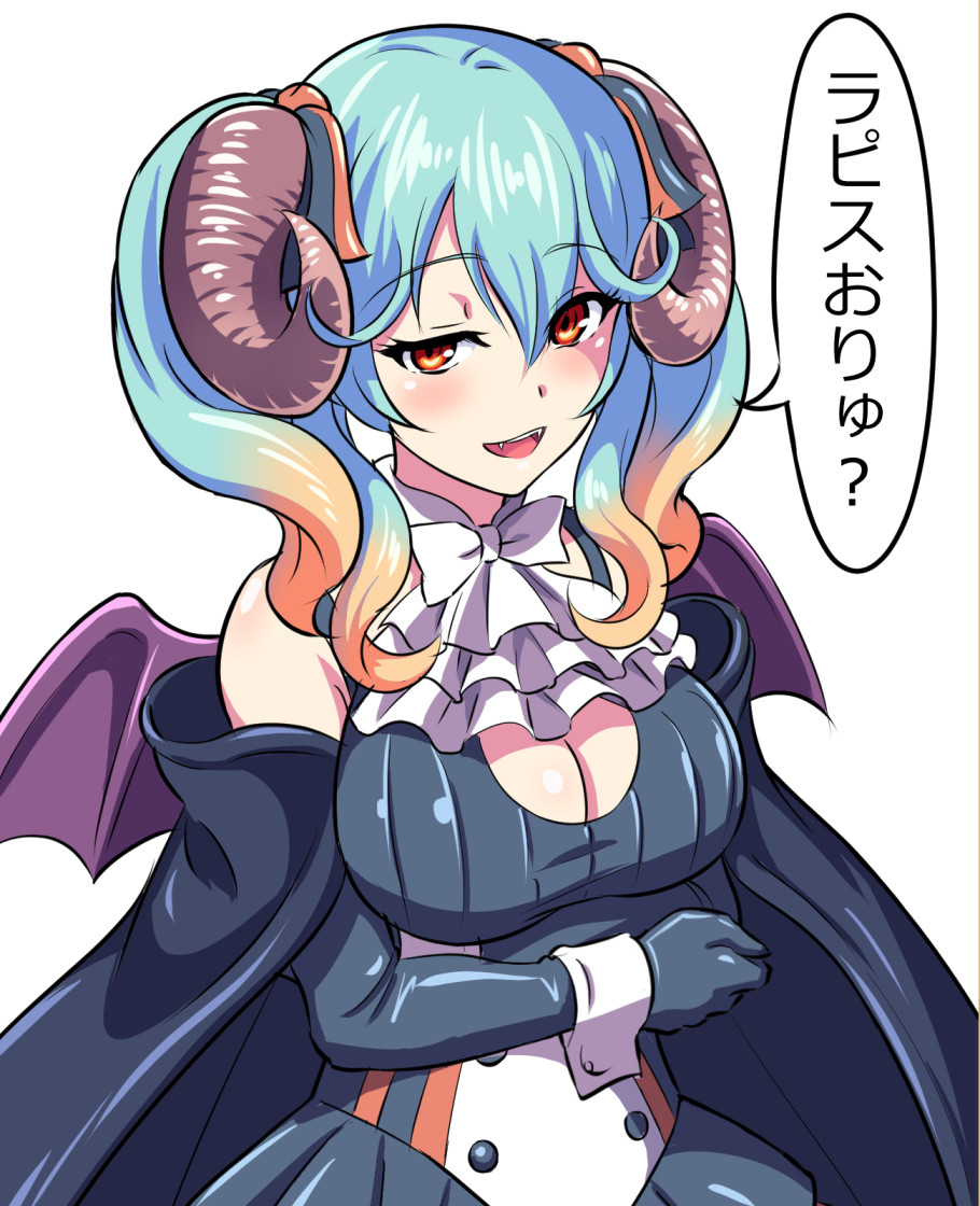 1girl, bare_shoulders, blue_hair, breasts, cape, cleavage_cutout, cravat, demon_horns