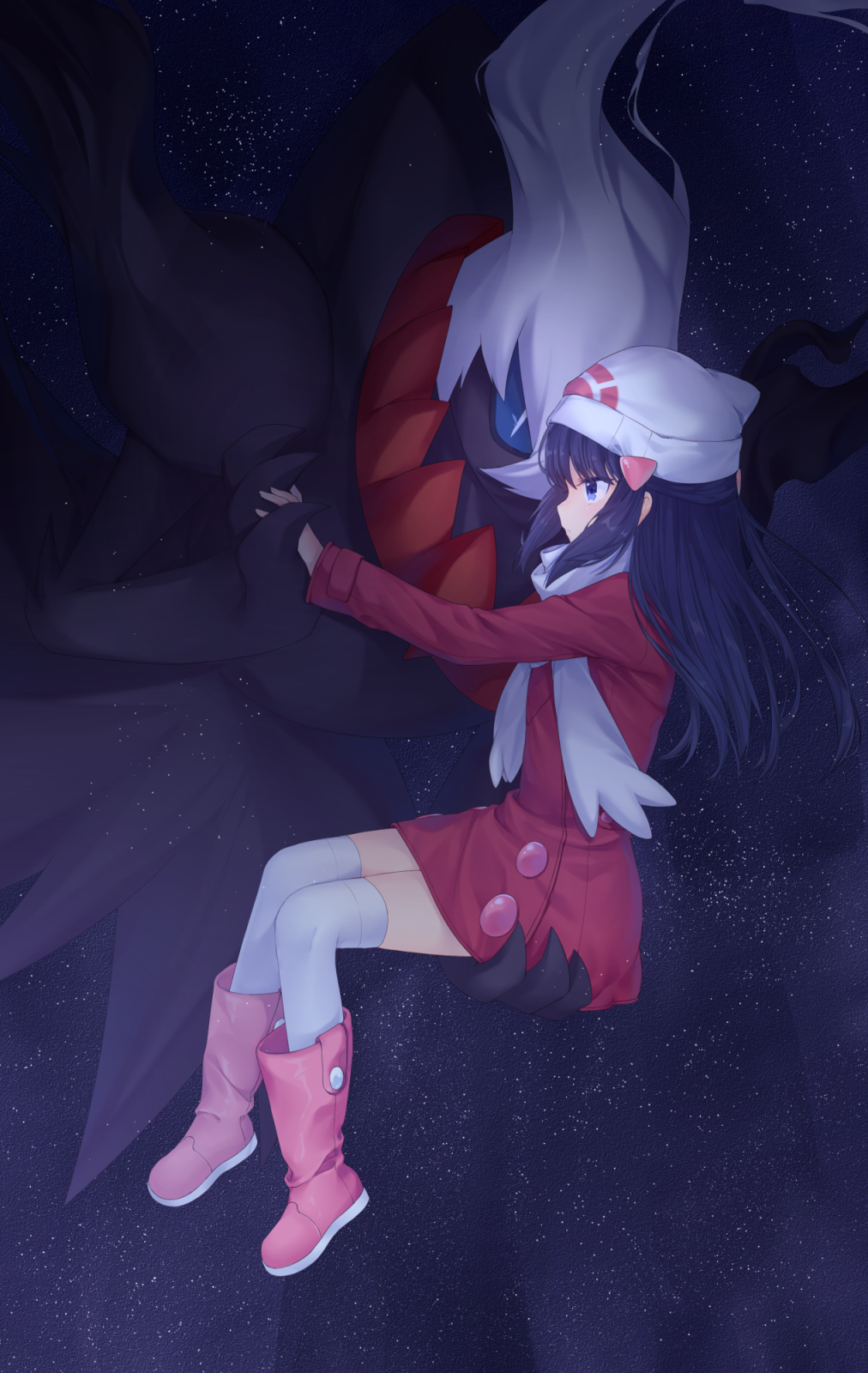 1girl, beanie, black_hair, blue_eyes, blush, boots, bright_pupils, coat