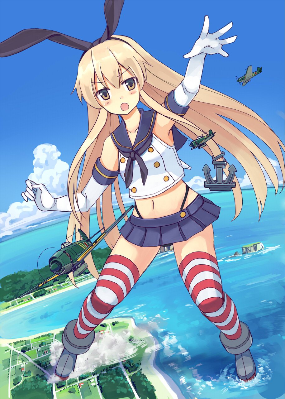 1girl, :o, aircraft, airplane, anchor_hair_ornament, animal_ears, bangs, beach, black_panties, blonde_hair, blue_skirt, blue_sky, blush, boots, brown_eyes, clouds, contrapposto, crop_top, day, elbow_gloves, fake_animal_ears, field, giantess, gloves, hair_ornament, hairband, highleg, highleg_panties, highres, horizon, horizontal_stripes, island, kantai_collection, landscape, long_hair, looking_at_viewer, microskirt, midriff, miniskirt, n1k, navel, neckerchief, ocean, open_mouth, outdoors, outstretched_hand, panties, pleated_skirt, rabbit_ears, rural, school_uniform, seo_tatsuya, serafuku, shimakaze_(kantai_collection), skirt, sky, sleeveless, solo, striped, striped_legwear, thigh-highs, torpedo, underwear, white_gloves