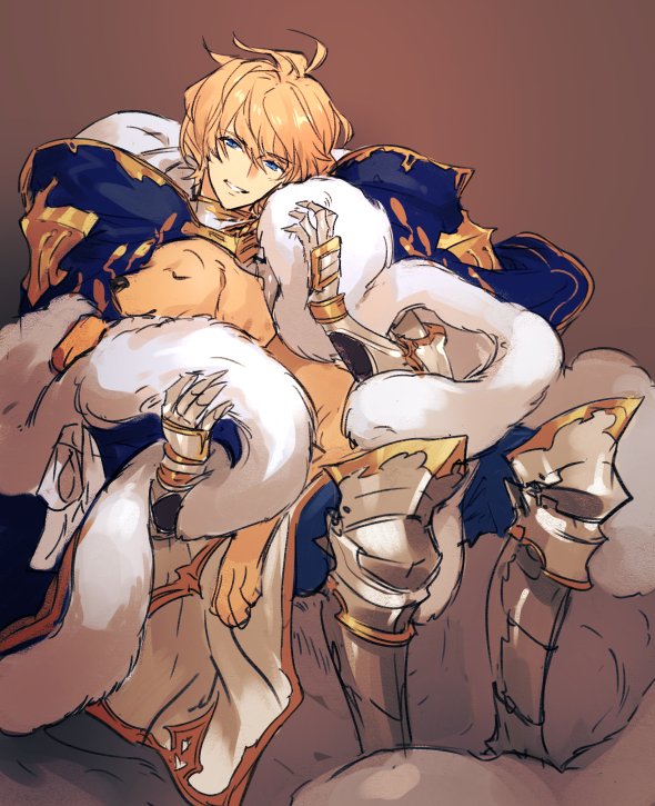 1boy, armor, armored_boots, blonde_hair, blue_eyes, boots, dog, feather_boa