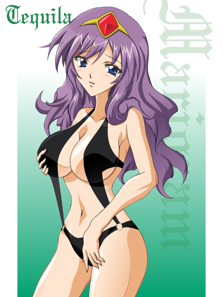 blush, breast_hold, breasts, character_name, circlet, cleavage, eagle41, galaxy_angel, galaxy_angel_rune, large_breasts, long_hair, purple_hair, sweatdrop, swimsuit, tequila_marjoram, tiara
