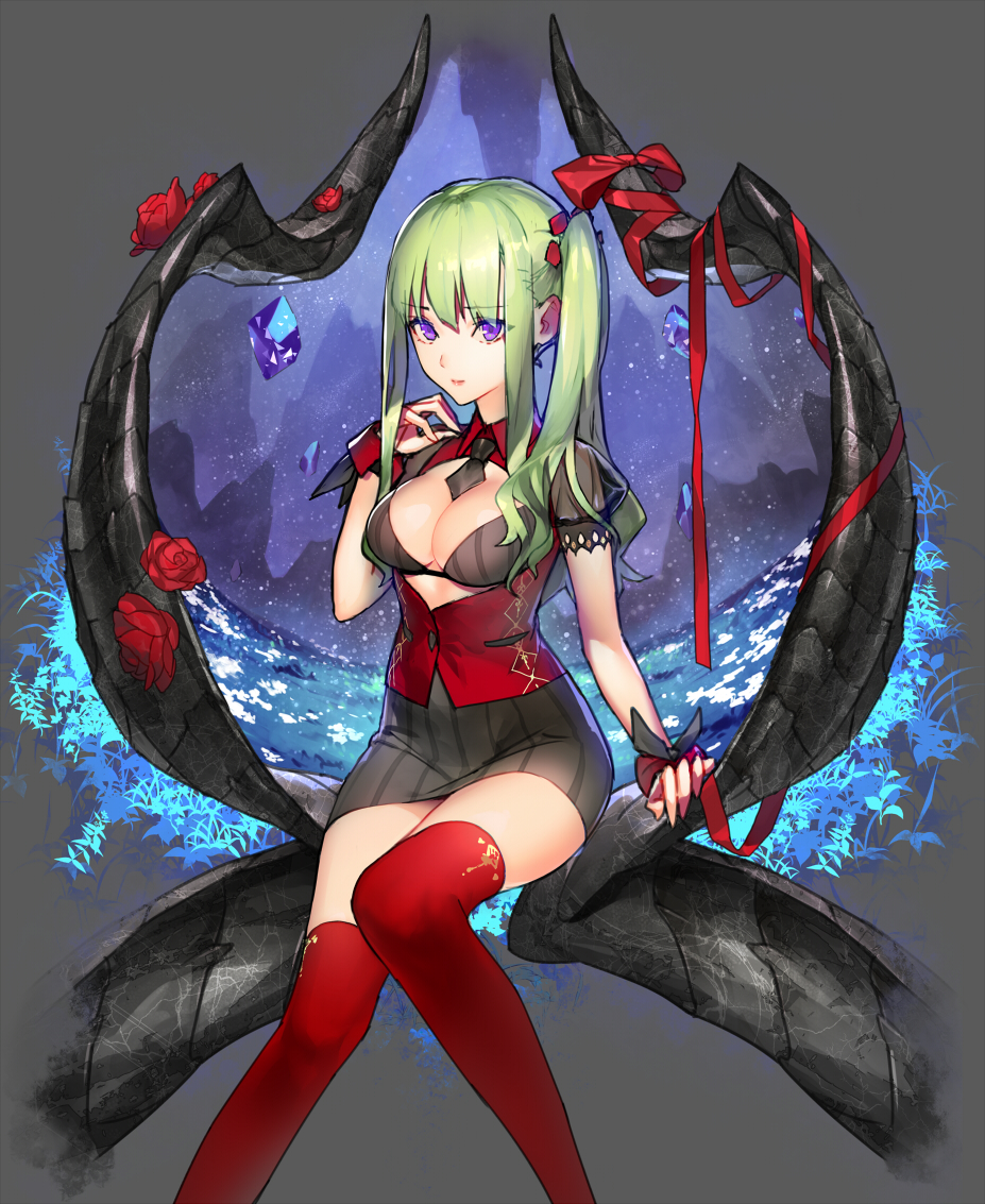 1girl, arm_at_side, bangs, black_nails, black_skirt, bow, bra, breasts