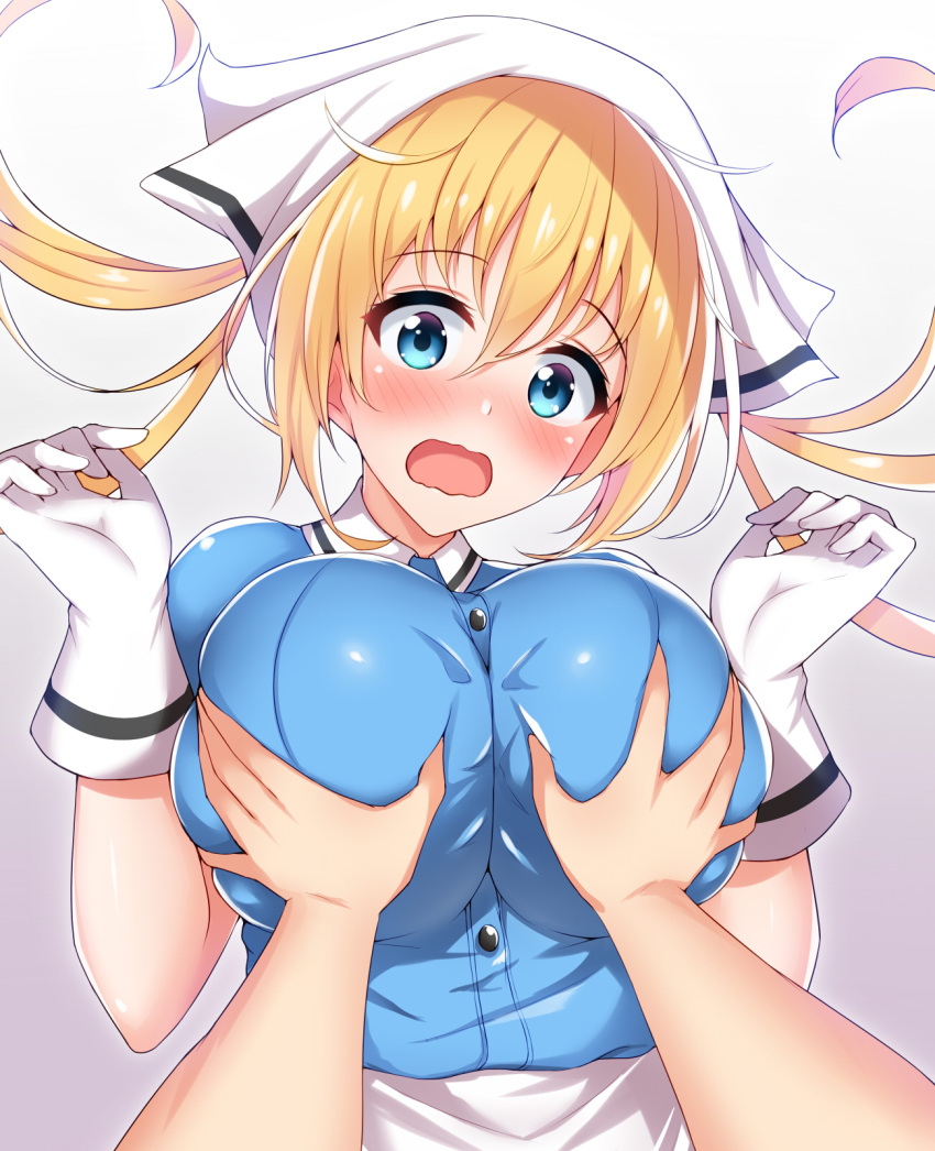 1girl, blend_s, blonde_hair, blue_eyes, blush, breast_grab, breasts, commentary_request