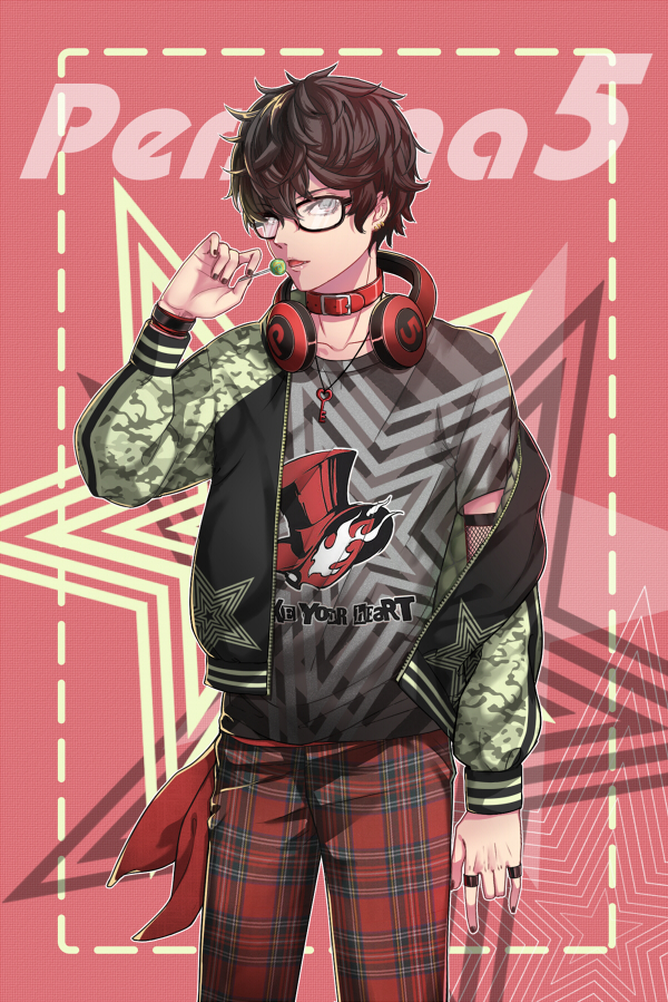 1boy, black_hair, glasses, jacket, kurusu_akira, looking_at_viewer, male_focus, persona