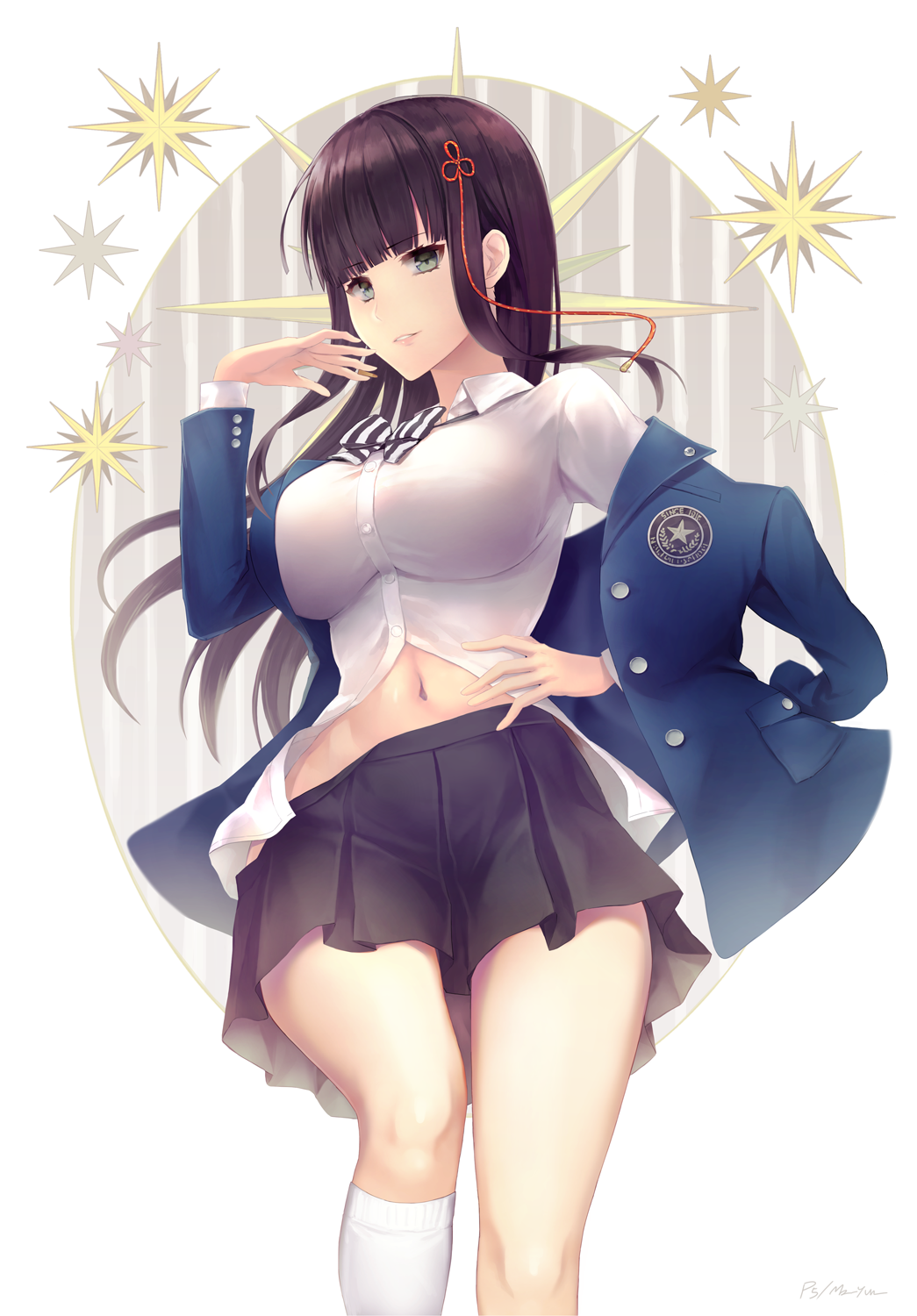 1girl, bangs, black_hair, blunt_bangs, blush, breasts, green_eyes, hair_ornament