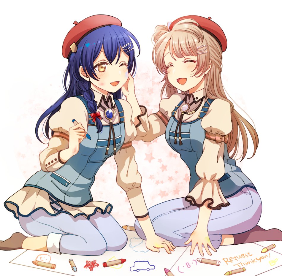 2girls, barrette, blue_hair, braid, brown_hair, closed_eyes, crayon, drawing, hair_ornament, hairclip, hand_on_another's_face, happy, hat, heru_(totoben), long_hair, looking_at_another, love_live!, love_live!_school_idol_festival, love_live!_school_idol_project, minami_kotori, multiple_girls, one_eye_closed, open_mouth, paper, sitting, smile, sonoda_umi, yellow_eyes