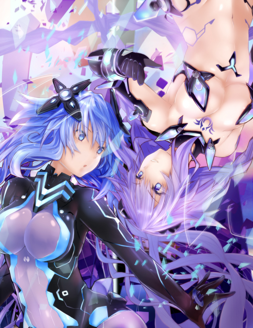 :o, blue_eyes, blue_hair, bodysuit, braid, breasts, cleavage, dual_persona, elbow_gloves, gloves, grin, headgear, highres, large_breasts, long_hair, looking_at_another, navel, nepnep_connect:_chaos_chanpuru, neptune_(series), power_symbol, purple_hair, purple_heart, purple_heart_(chaos_form), shin_jigen_game_neptune_vii, shishin_(shishintei), smile, symbol-shaped_pupils, twin_braids, twintails, very_long_hair