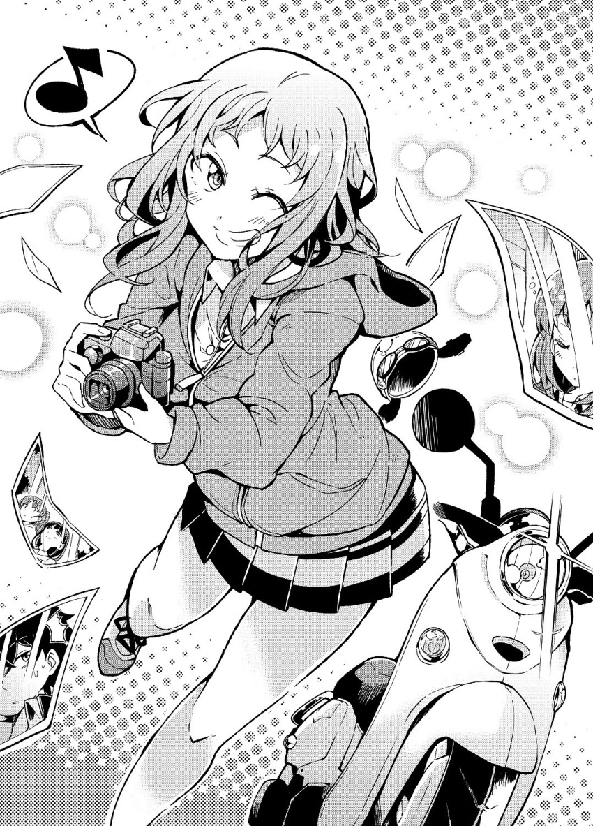 1girl, ;d, bibi, blush, camera, commentary_request, eyes_visible_through_hair, goggles