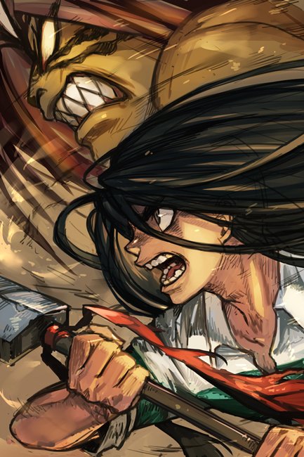 1boy, aotsuki_ushio, black_eyes, black_hair, collared_shirt, demon, fangs, from_side, hankuri, holding, holding_weapon, long_hair, no_pupils, open_mouth, polearm, sharp_teeth, shirt, spear, teeth, tora_(ushio_to_tora), two-handed, ushio_to_tora, weapon, wing_collar, yellow_eyes