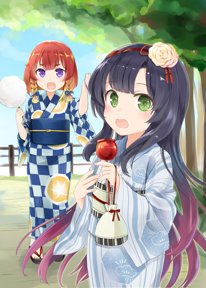 2girls, blue_kimono, blush, candy_apple, checkered, checkered_kimono, cotton_candy, day