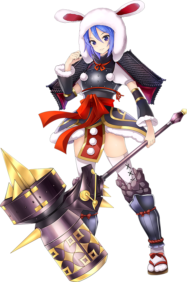 1girl, blue_hair, breastplate, convenient_censoring, full_body, hair_between_eyes, holding, holding_hammer