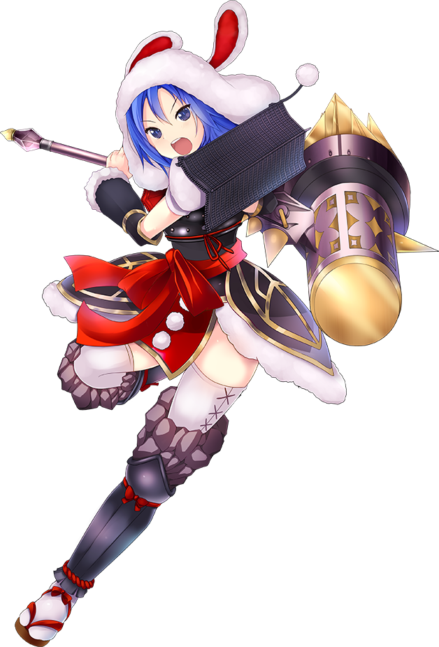 >:o, 1girl, blue_hair, holding, holding_hammer, holding_weapon, looking_at_viewer, official_art