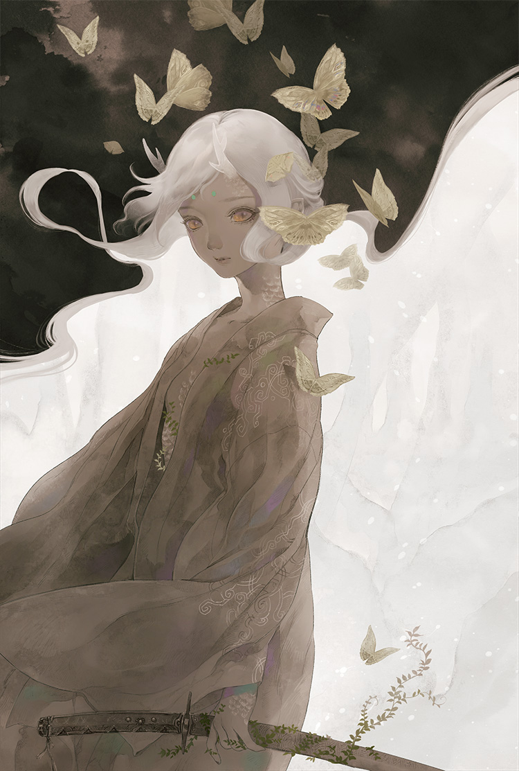 1girl, butterfly, dark, dark_skin, dragon_girl, eyelashes, floating_hair, japanese_clothes, katana, kimono, long_hair, muted_color, open_clothes, original, plant, pointy_ears, red_eyes, silver_hair, solo, sword, vines, weapon, yayoi_shiro