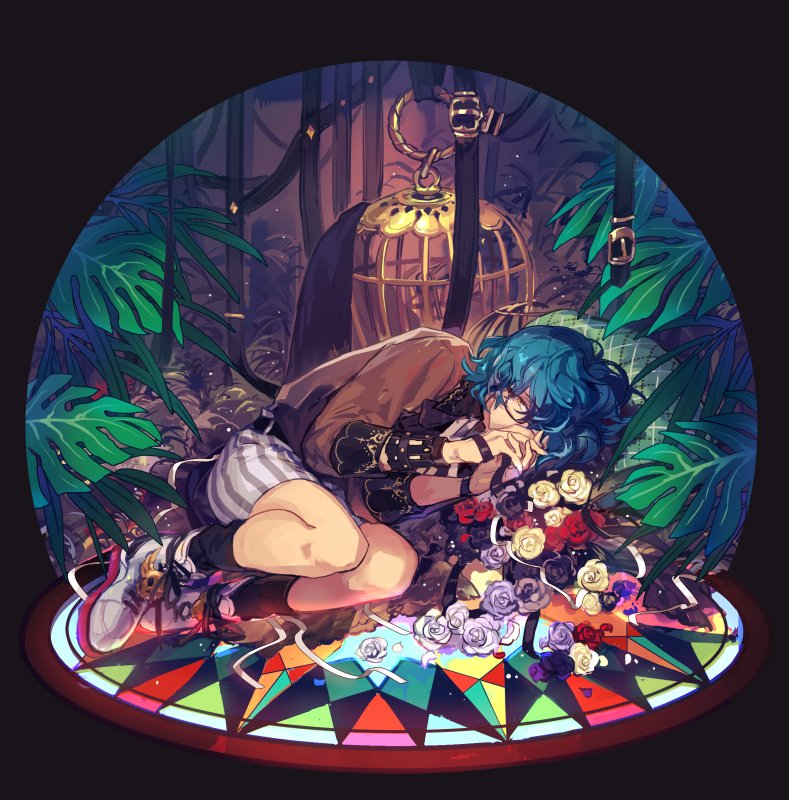 1boy, aoba_tsumugi, belt, blue_hair, cage, covering_mouth, ensemble_stars!, fetal_position