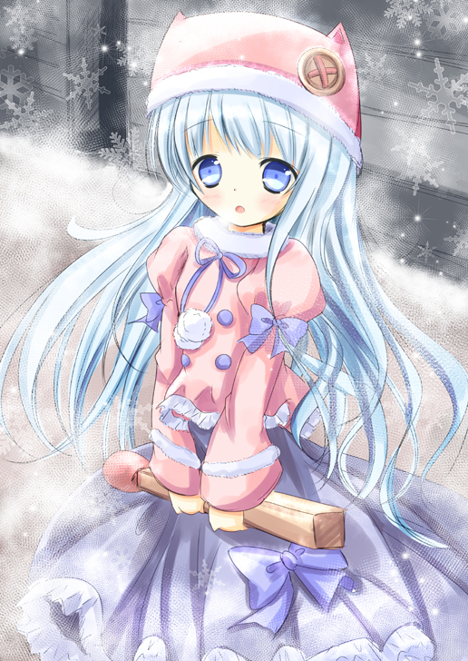 1girl, :o, animal_hat, bangs, blue_bow, blue_eyes, blue_hair, blue_ribbon