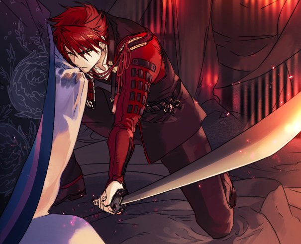1boy, armor, fire, formal, holding, holding_weapon, japanese_armor, kneeling, looking_at_viewer, male_focus, ookanehira_(touken_ranbu), redhead, solo, spiky_hair, suit, sword, touken_ranbu, weapon, yellow_eyes
