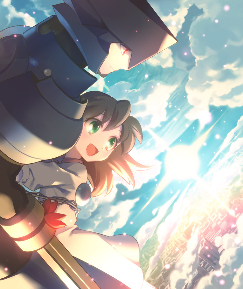 1boy, 1girl, :d, armor, asagi_marin, brigadoon, brown_hair, clouds