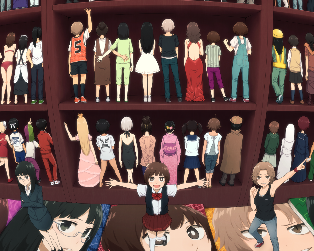 6+girls, abstract, apron, arms_behind_back, basketball_uniform, black_dress, black_hair, blonde_hair