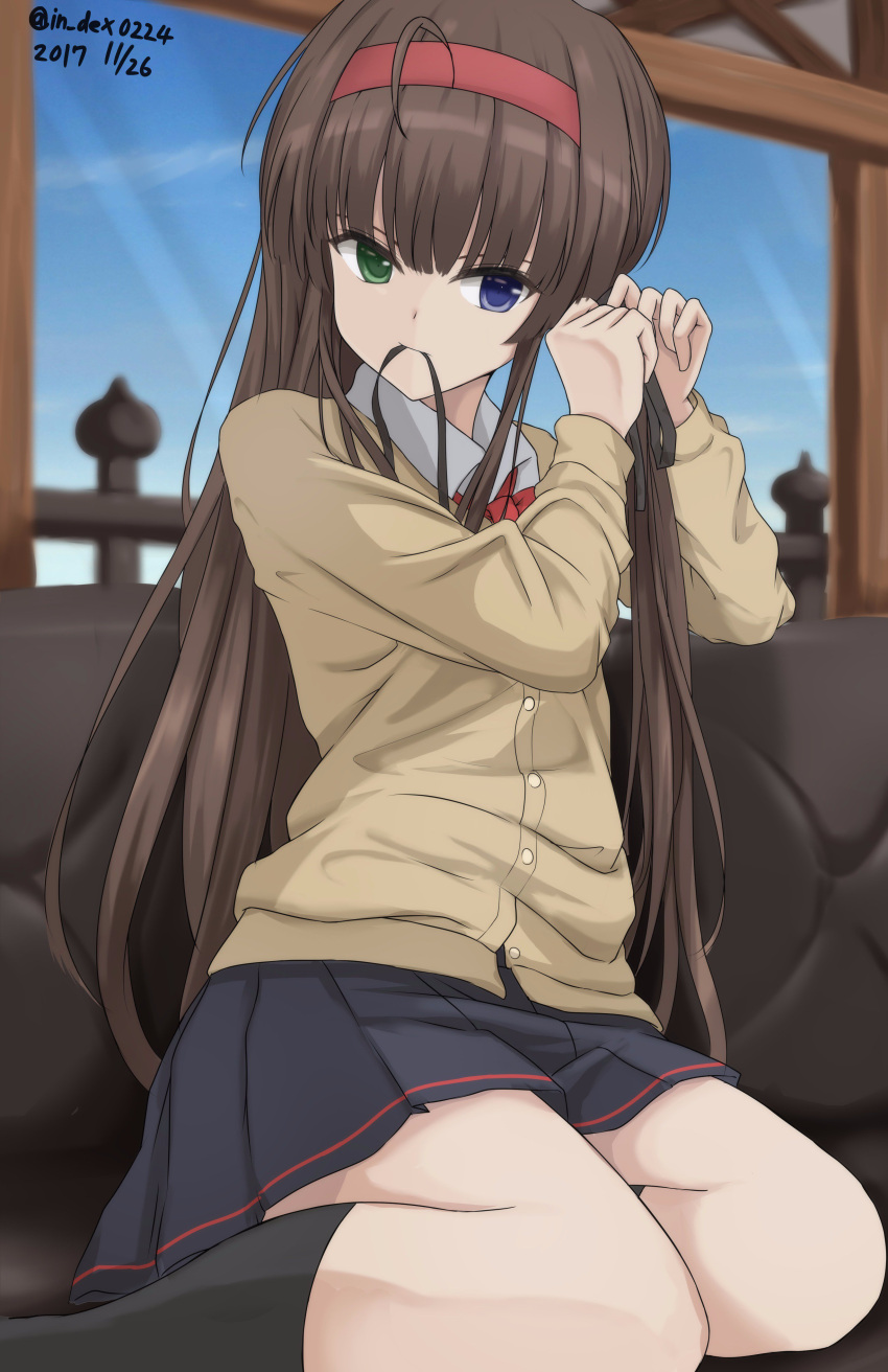 1girl, absurdres, adjusting_hair, ahoge, bangs, black_legwear, black_skirt, blue_eyes