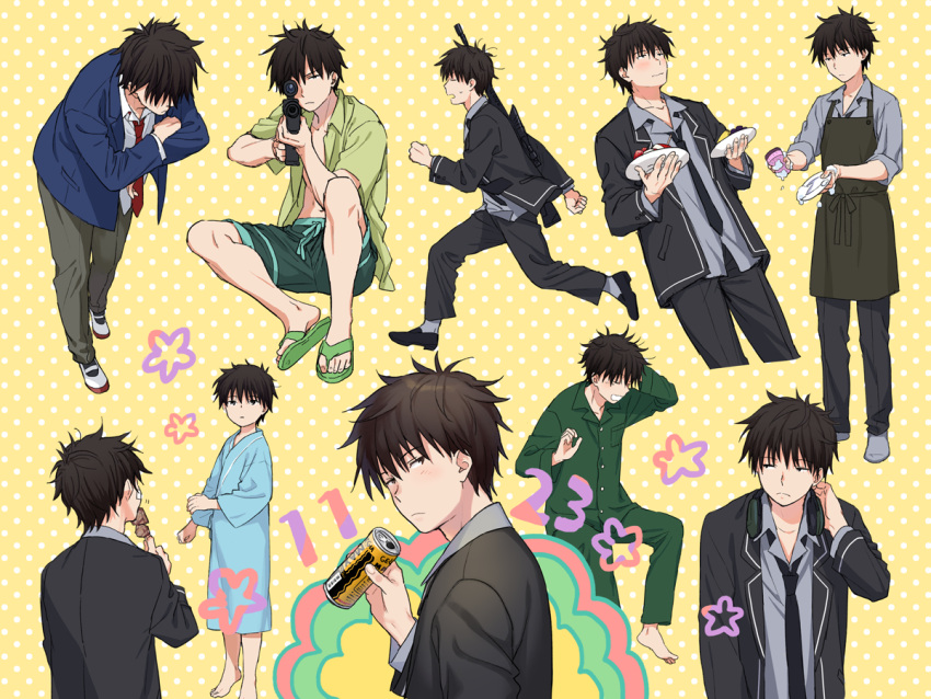 1boy, apron, black_hair, blush, chigusa_kasumi, flip-flops, gun, headphones