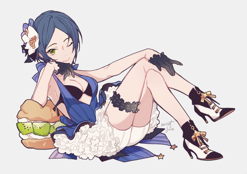 1girl, \||/, ankle_boots, bird, black_bikini_top, black_gloves, blue_bow, blue_dress