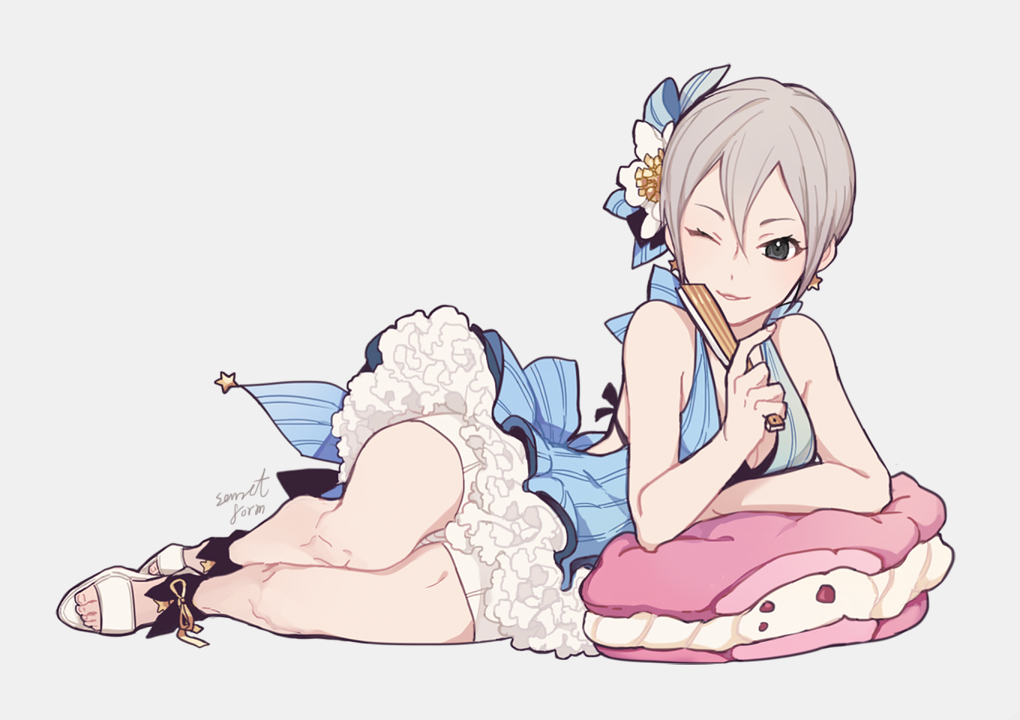 1girl, black_bikini_top, black_eyes, blue_bow, blue_dress, bow, breasts, cleavage