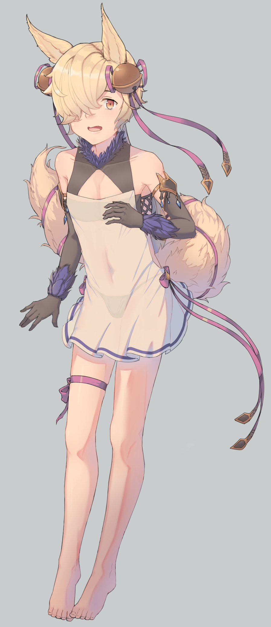 1boy, animal_ears, bandeau, barefoot, bell, blonde_hair, brown_eyes, covered_navel