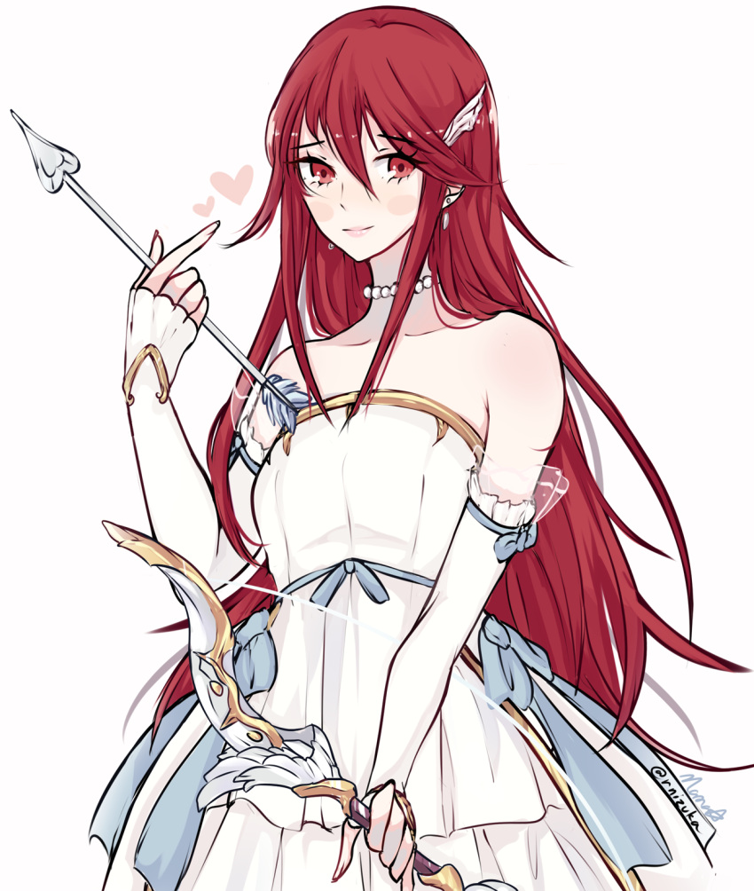 1girl, alternate_costume, arrow, bare_shoulders, blush_stickers, bow_(weapon), breasts, bridal_gauntlets