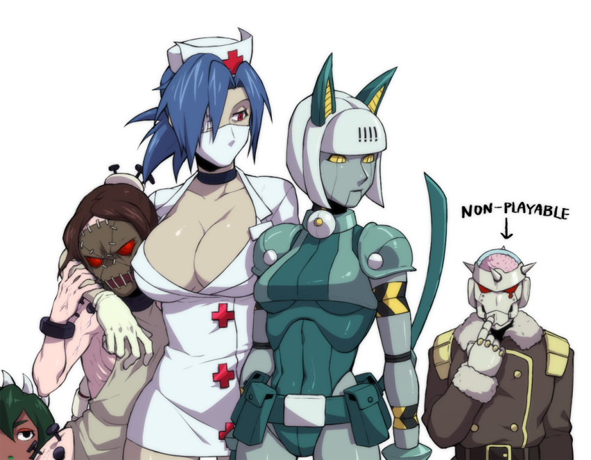 +_+, 1boy, 4girls, arm_around_shoulder, blue_hair, brain, brain_drain_(skullgirls), breasts