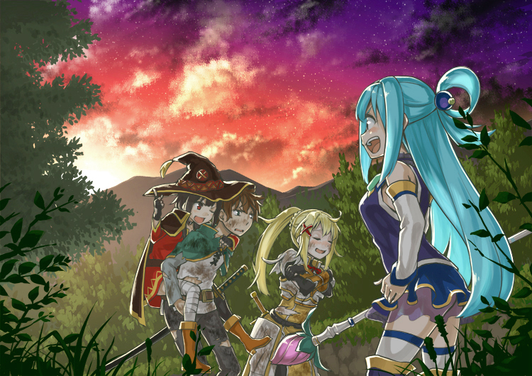 1boy, 3girls, aqua_(konosuba), bandage, bandaged_leg, blonde_hair, blue_hair, blush, brown_hair, cape, capelet, carrying, darkness_(konosuba), detached_sleeves, fingerless_gloves, gloves, grass, hair_ornament, hair_rings, hat, katana, kono_subarashii_sekai_ni_shukufuku_wo!, long_hair, megumin, minatsuki_(sitsu), mismatched_legwear, multiple_girls, piggyback, ponytail, red_eyes, satou_kazuma, scorch_marks, sky, staff, sunset, sword, thigh-highs, torn_clothes, very_long_hair, weapon, witch_hat, x_hair_ornament