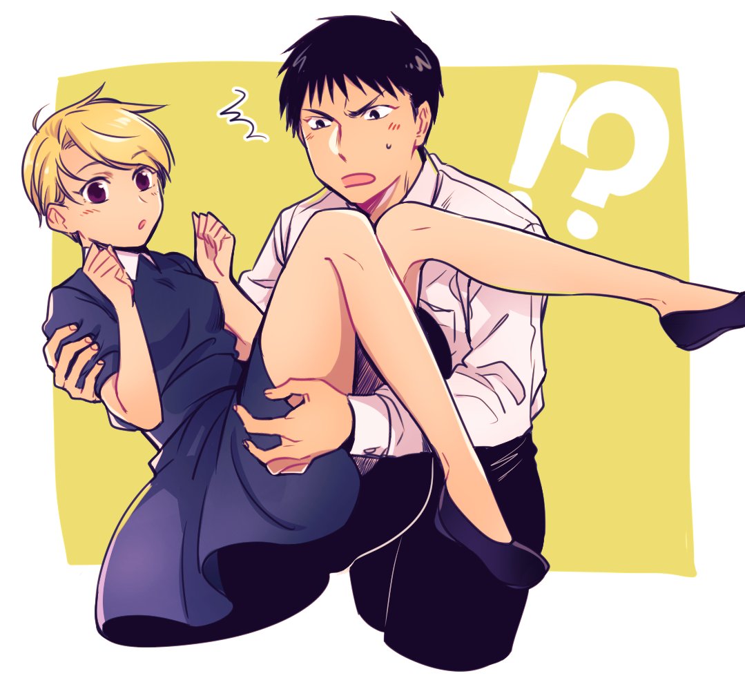 !?, /\/\/\, 1boy, 1girl, :o, bare_legs, black_eyes, black_hair