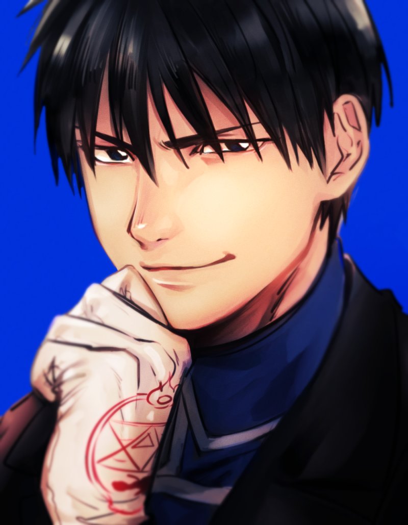 1boy, black_eyes, black_hair, blue_background, coat, fullmetal_alchemist, gloves, hand_on_own_chin