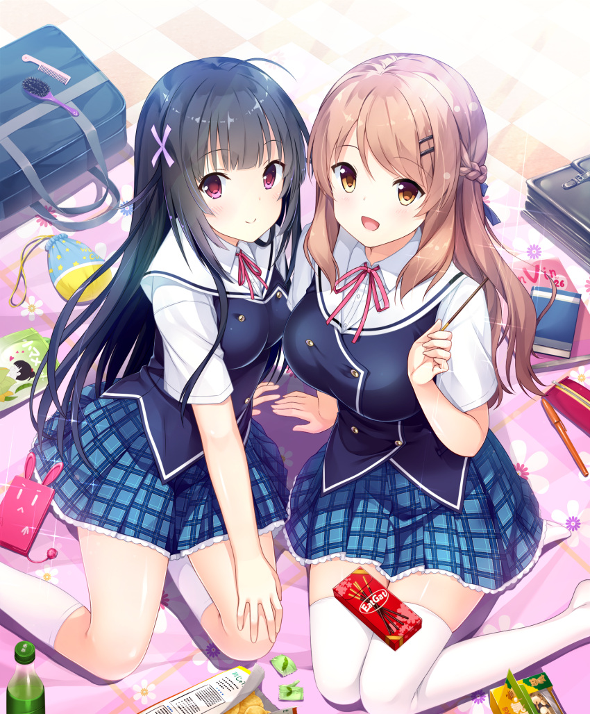 2girls, black_hair, blush, brown_eyes, brown_hair, checkered, checkered_skirt, food