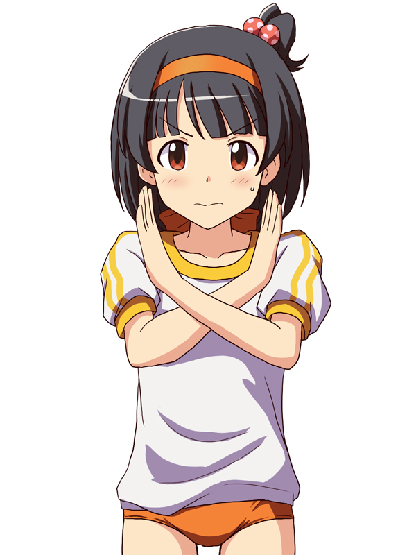 1girl, bangs, black_hair, blunt_bangs, bow, buruma, child, collarbone