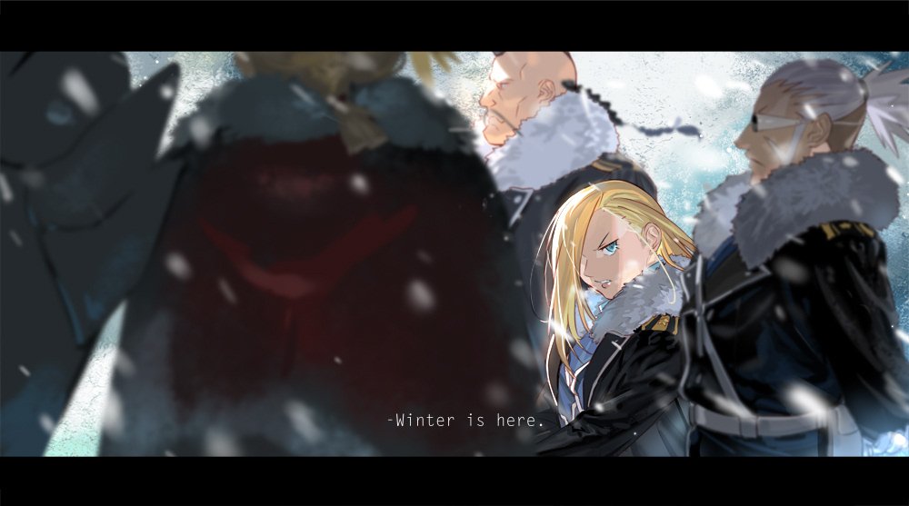 1girl, 4boys, alphonse_elric, back_turned, beard, blonde_hair, blue_eyes, braid