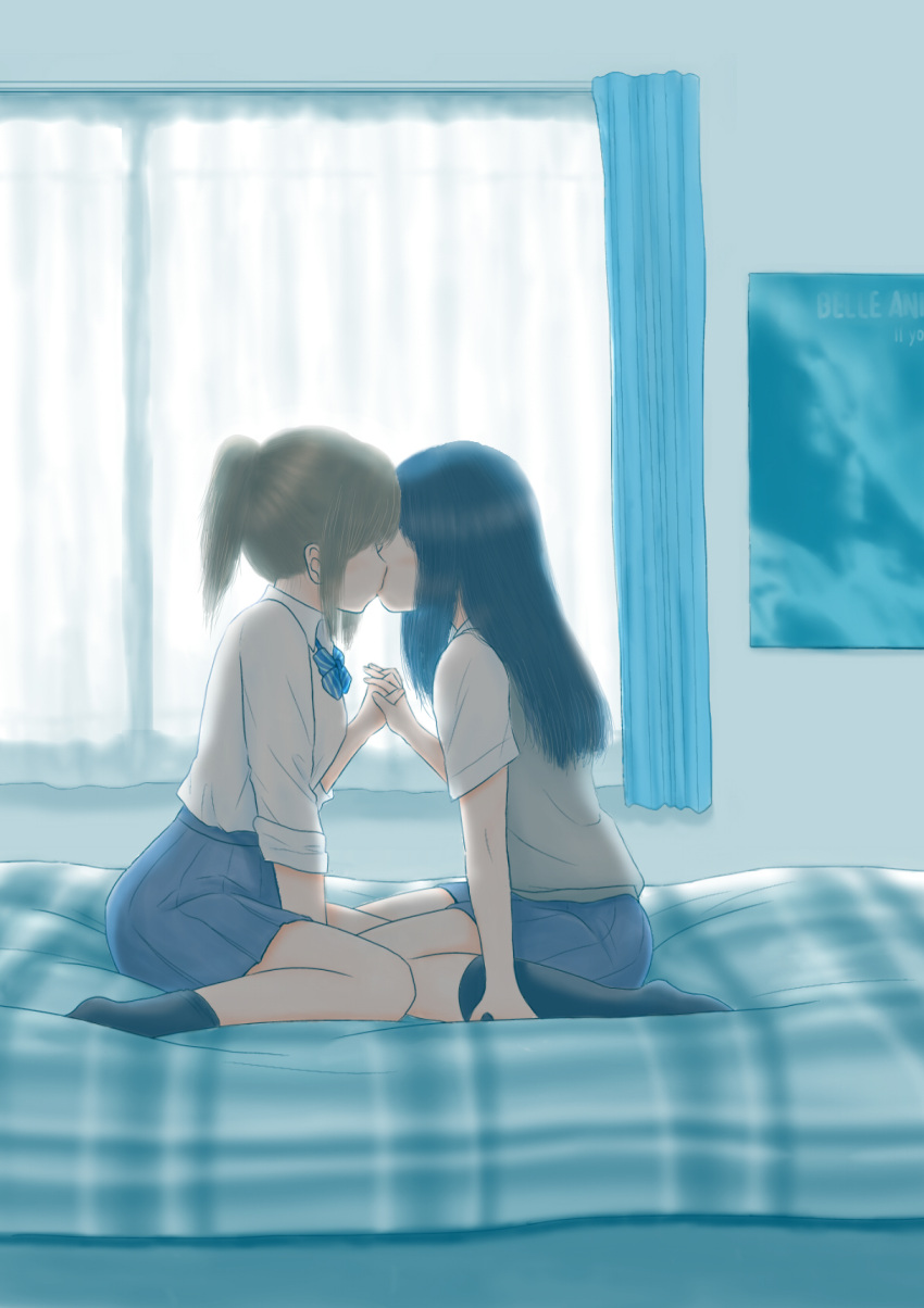 2girls, black_hair, blue_skirt, bow, bowtie, brown_hair, curtains, from_side, fukushima_uichi, hand_holding, highres, interlocked_fingers, kiss, light, long_hair, multiple_girls, on_bed, original, ponytail, poster_(object), school_uniform, shirt, short_sleeves, sitting, skirt, white_shirt, yuri