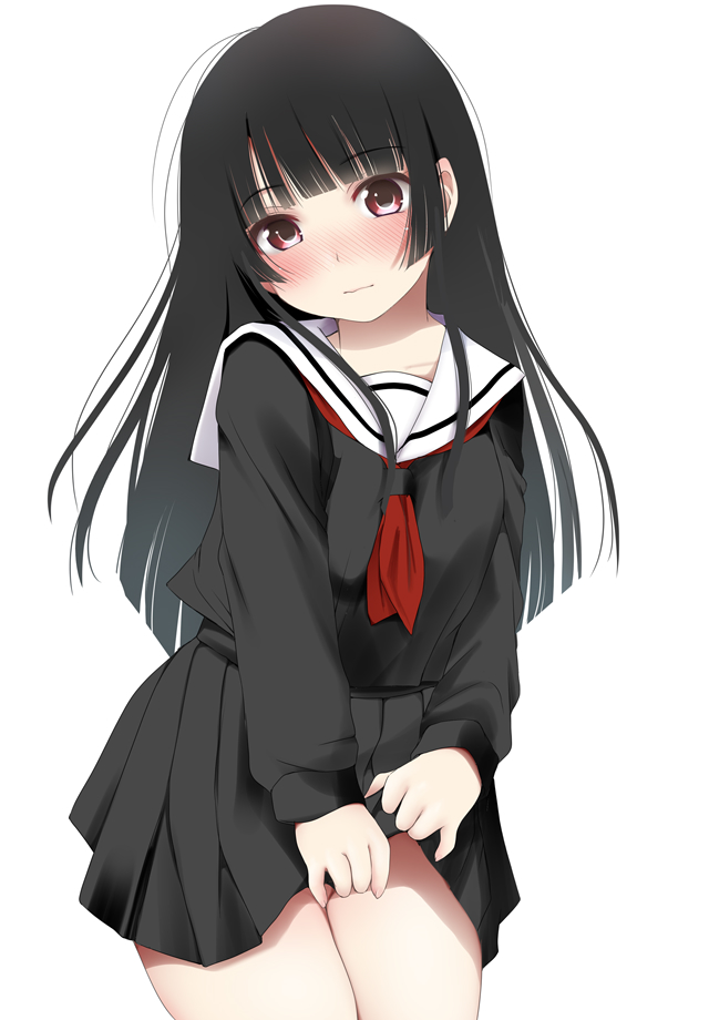 1girl, bangs, black_hair, black_serafuku, black_shirt, black_skirt, blunt_bangs, blush